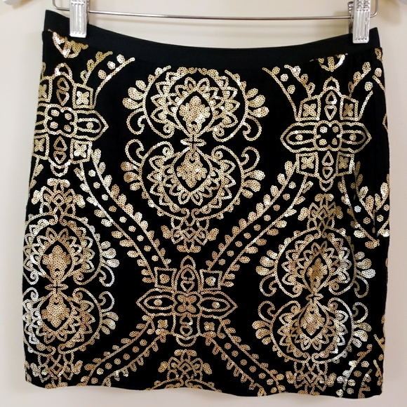 Forever 21 black gold sequin stretch mini skirt L - Picture 2 of 4